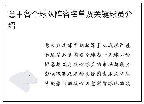 意甲各个球队阵容名单及关键球员介绍