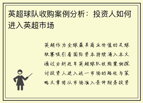 英超球队收购案例分析：投资人如何进入英超市场